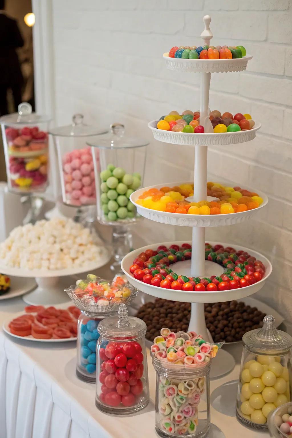 Leveled stands creating a dynamic sweet display.
