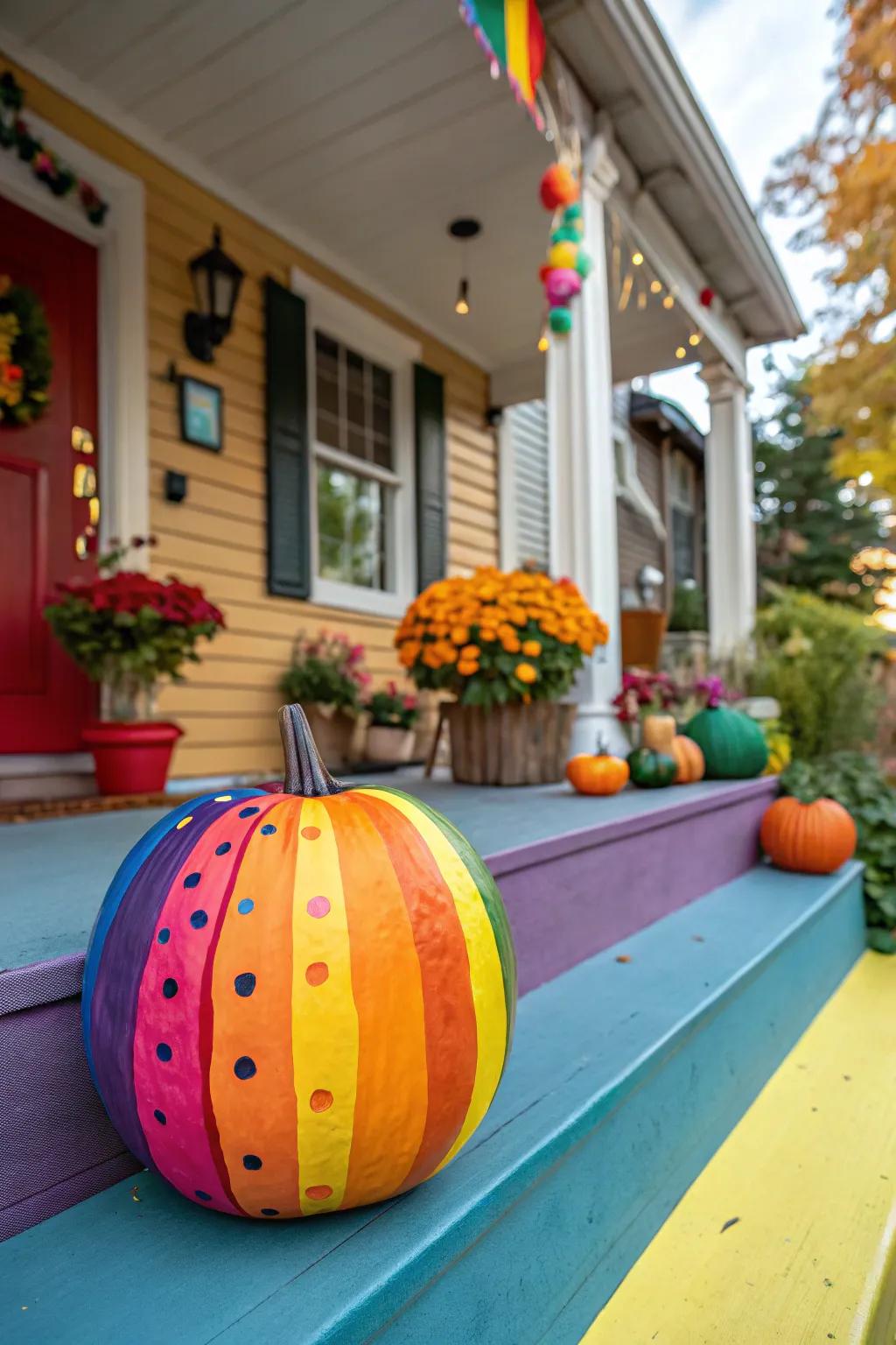 A spectrum-shaded pumpkin conveys a surge of elation and coloration to Halloween festivities.