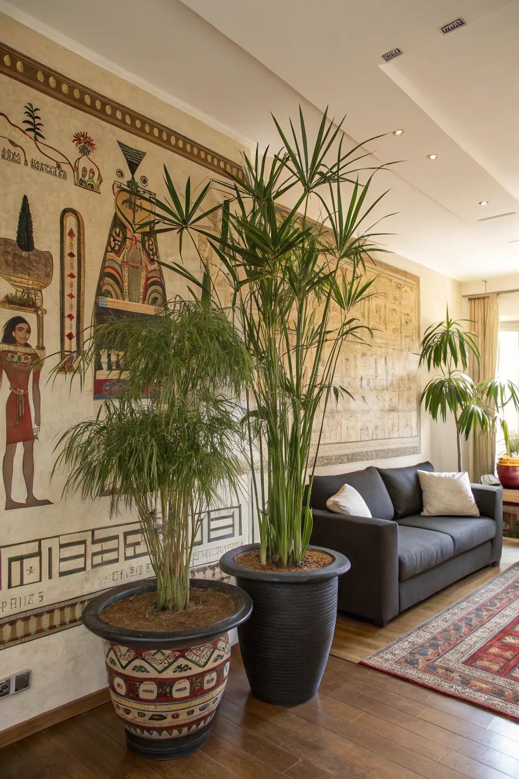 Exotic plants such as papyrus enrich Egyptian decor with a natural element.