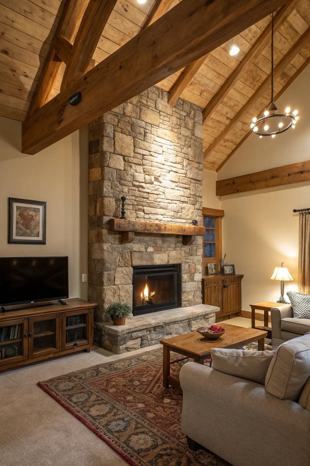 A rustic residing room with stone and wood factors round an electric heatbox