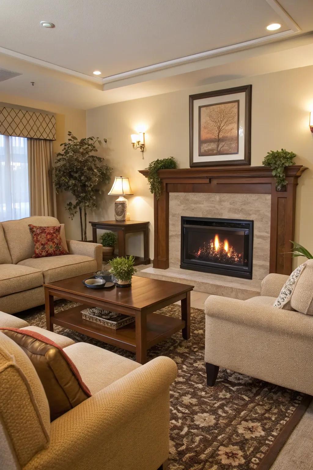 A living room features an electric fireplace and harmoniously arranged furniture.