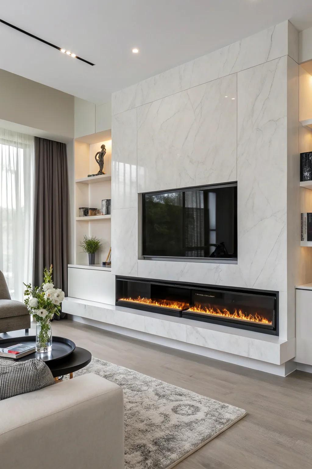 A slim electric fireplace offers sophistication without renovations.