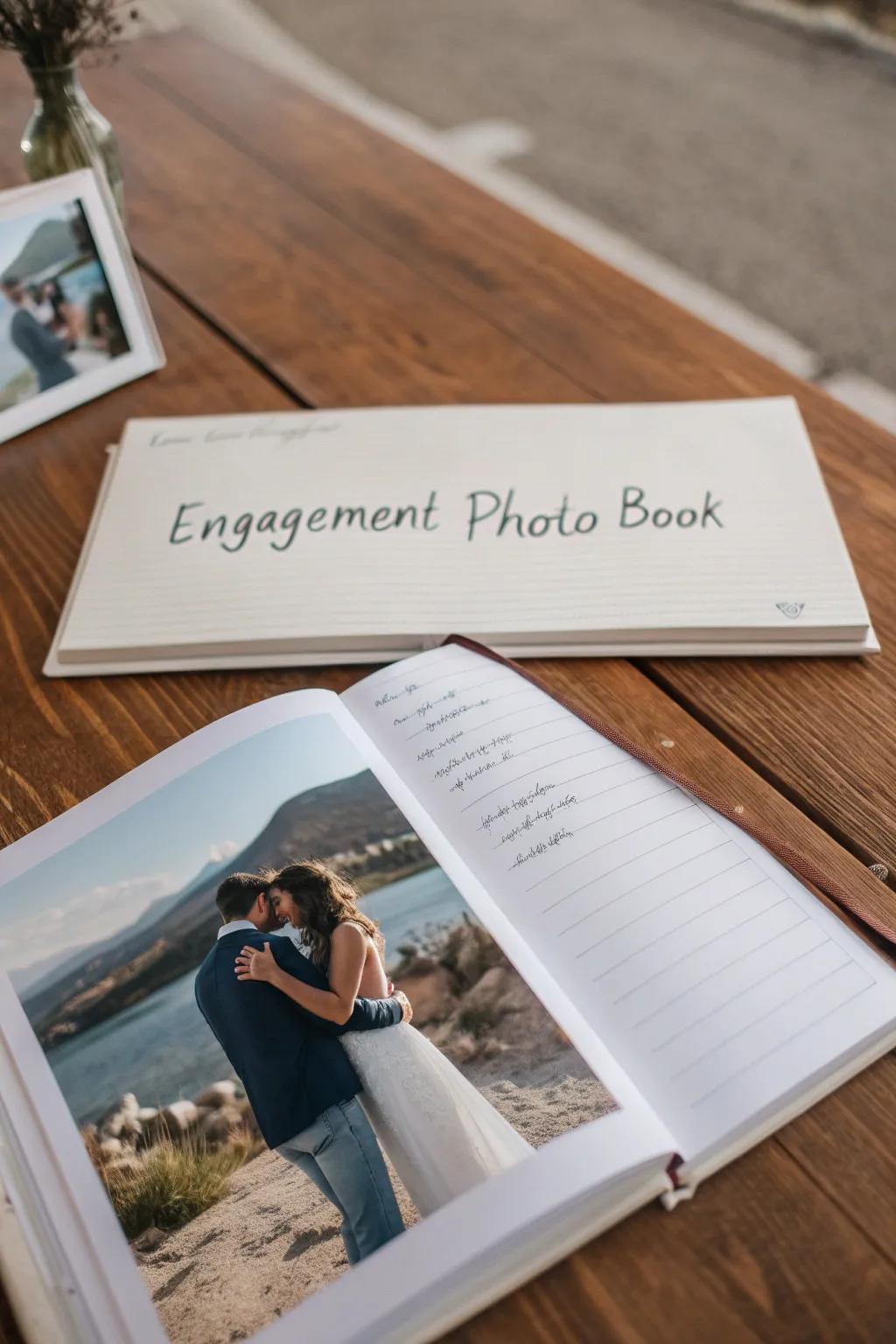 Personal thoughts contribute a heartfelt element to an engagement photo book.