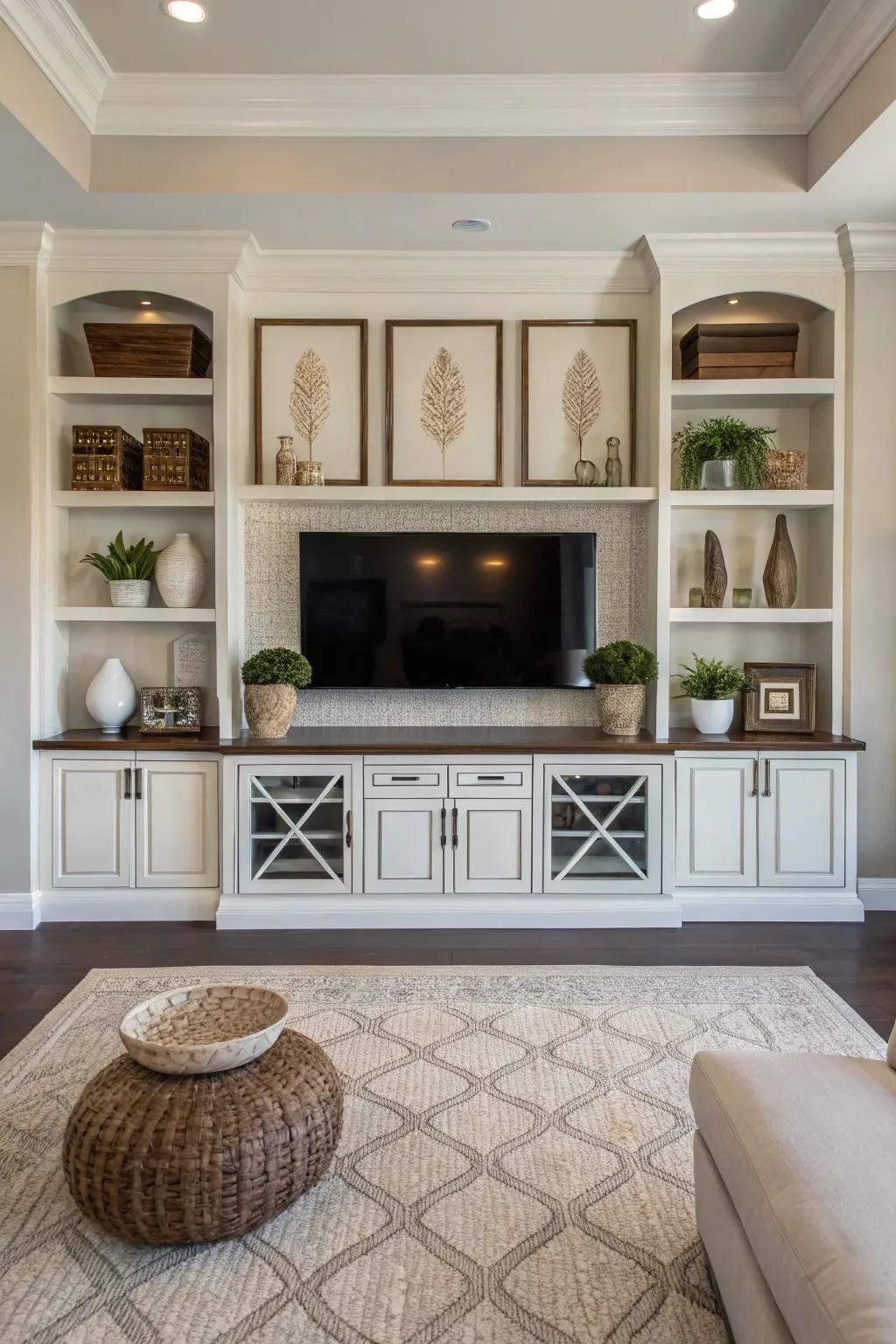 Symmetrical decor elements contribute to the balanced feel of this entertainment center.