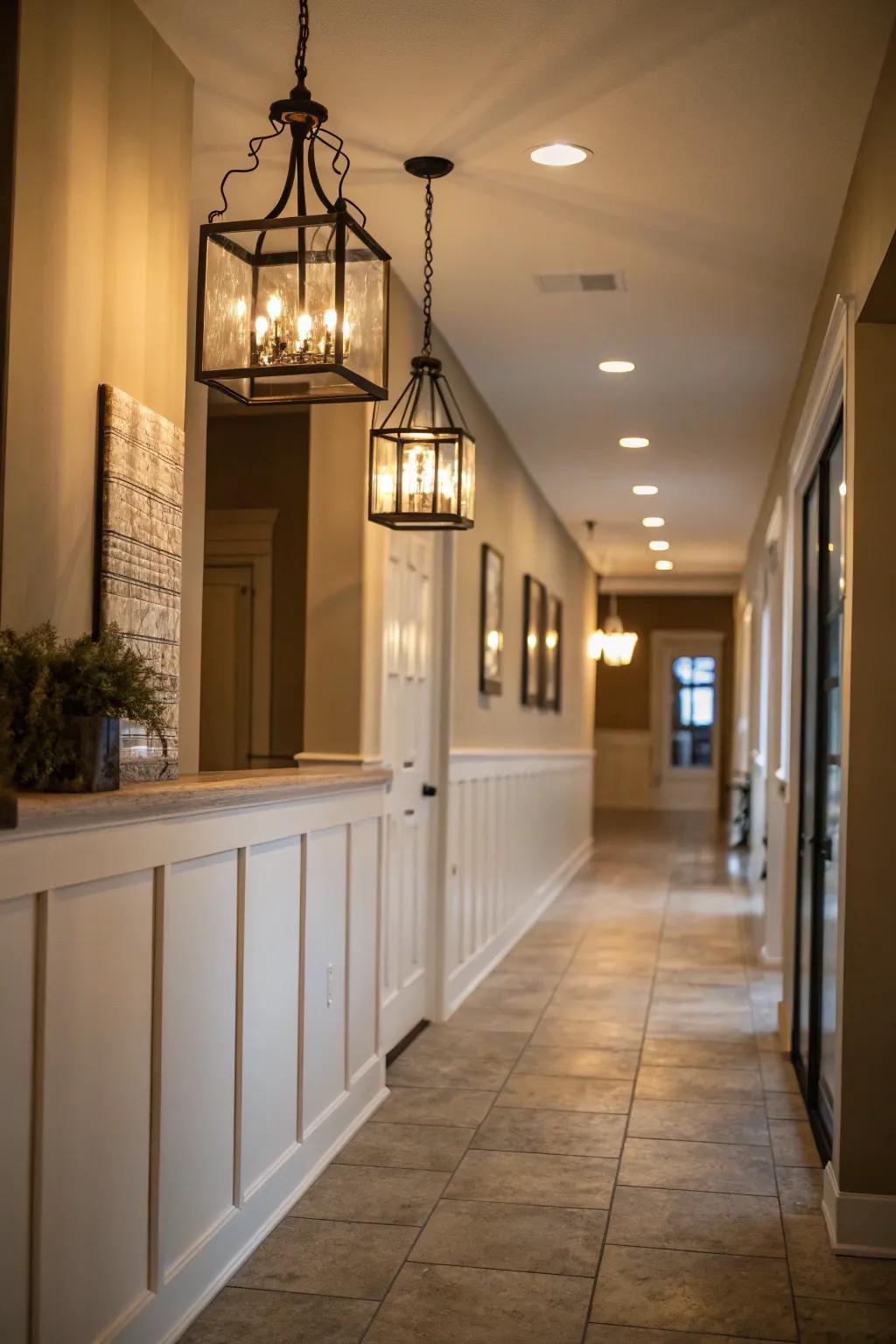 A well-lit entryway with pendant lights enhancing the half wall.
