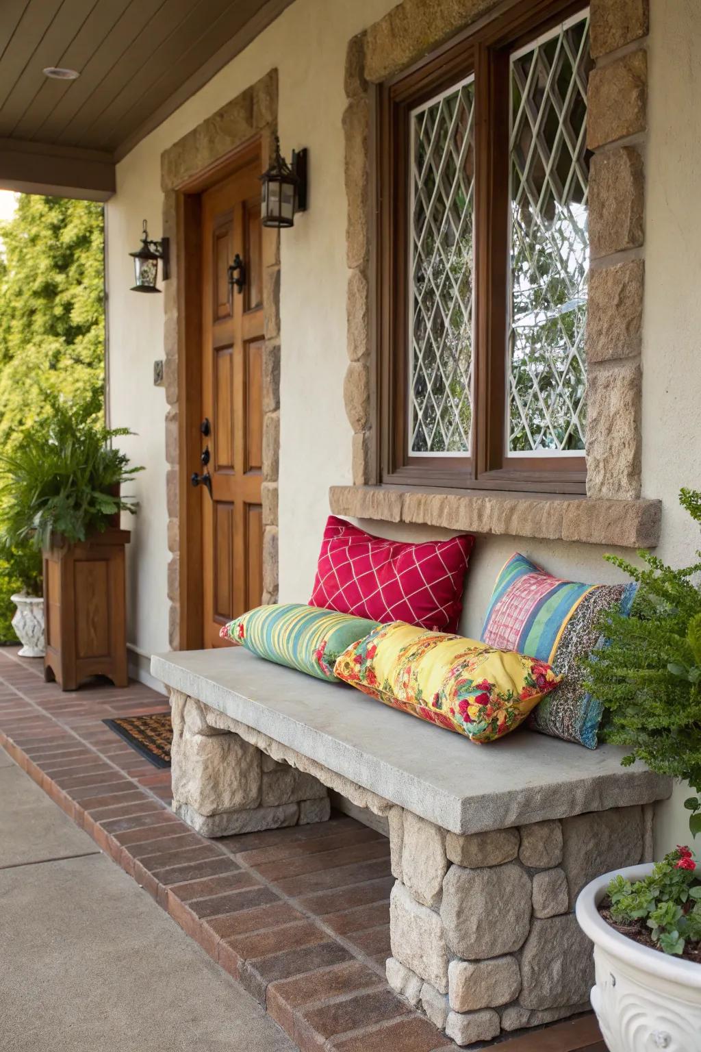 A snug stone bench featuring cushions provides a superb location for relaxation.