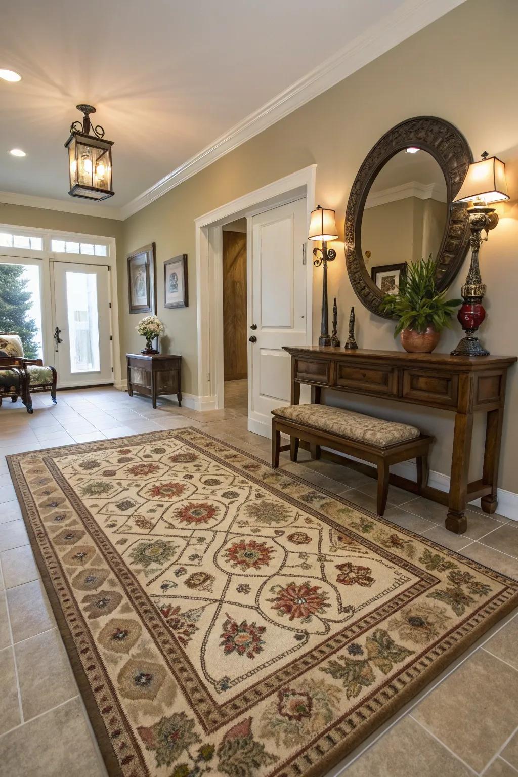 Rugs add warmth and define the entryway space.
