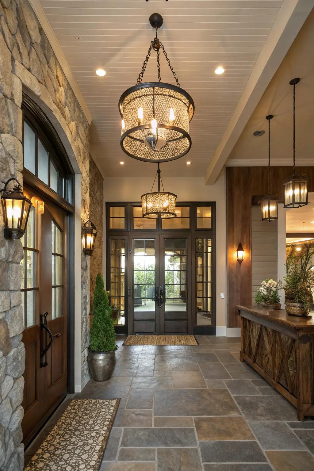 Mixed material lighting fixtures add feel and fascination to this entrance space.