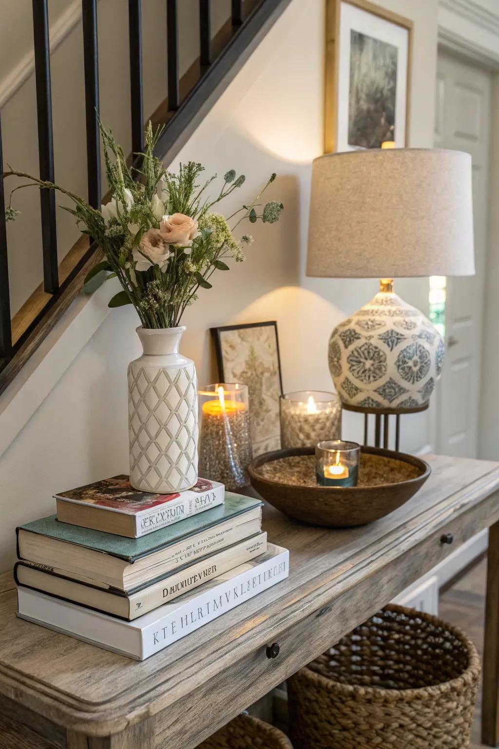 Books increase depth and can elevate other decor pieces.