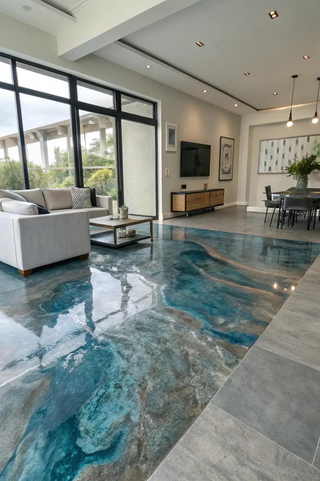 Permit hues to undulate via watercourse-inspired epoxy flooring schemes.