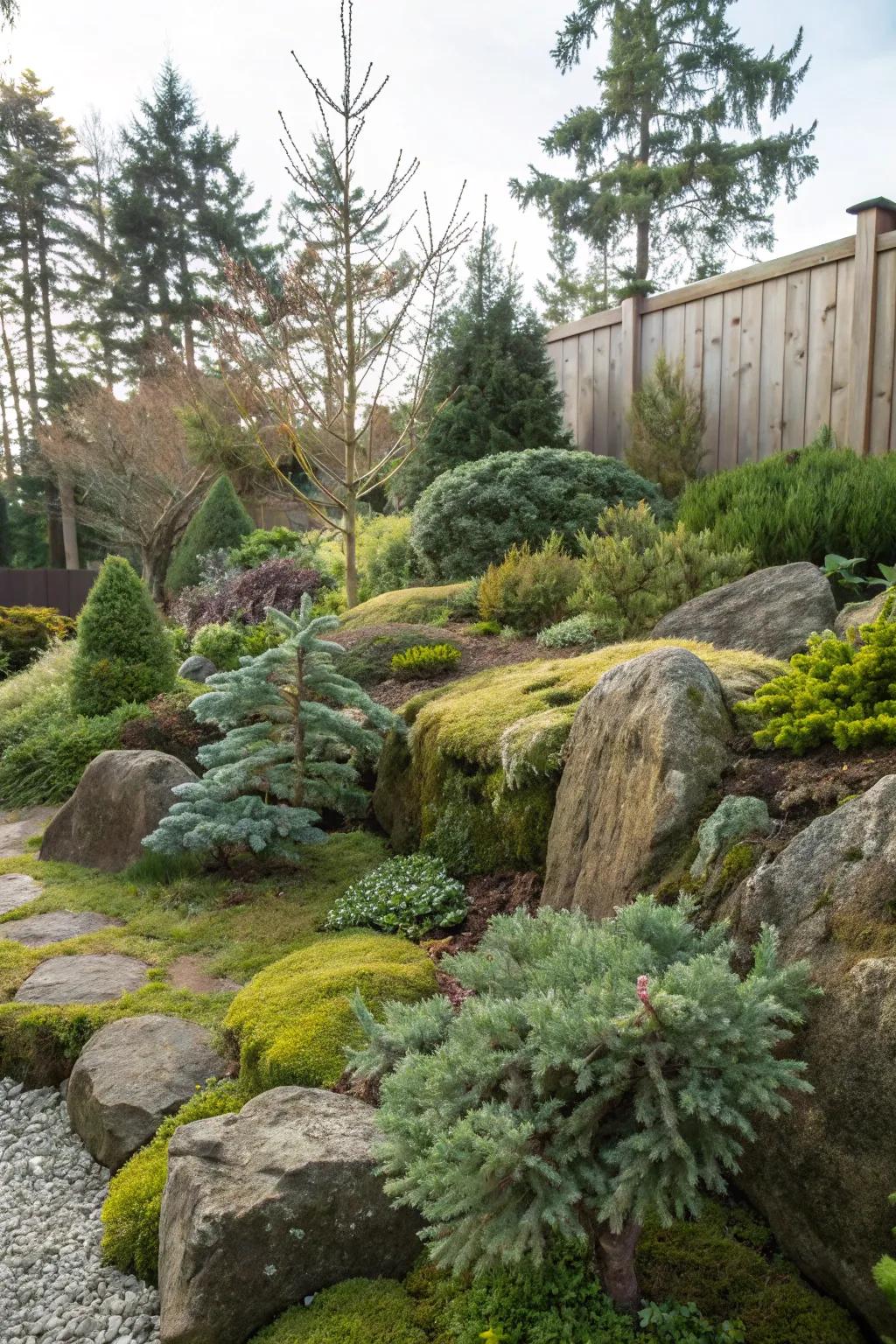 A naturalistic garden exhibiting evergreens and country rockscapes.