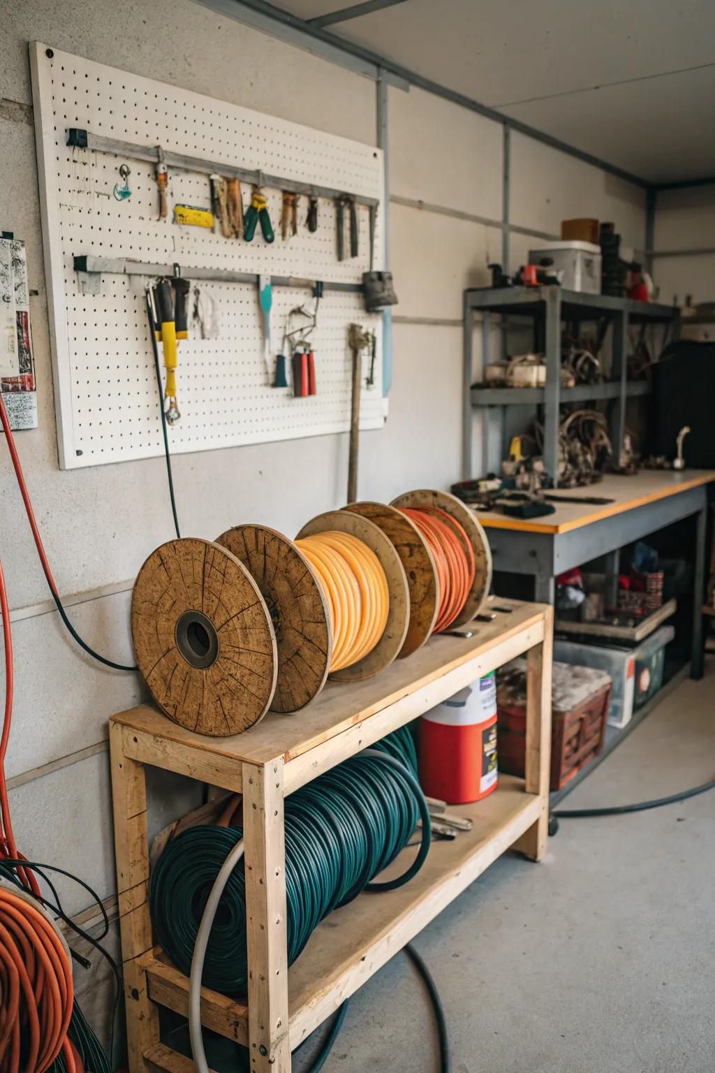 Repurpose old bobbins for practical and charming cord storage.