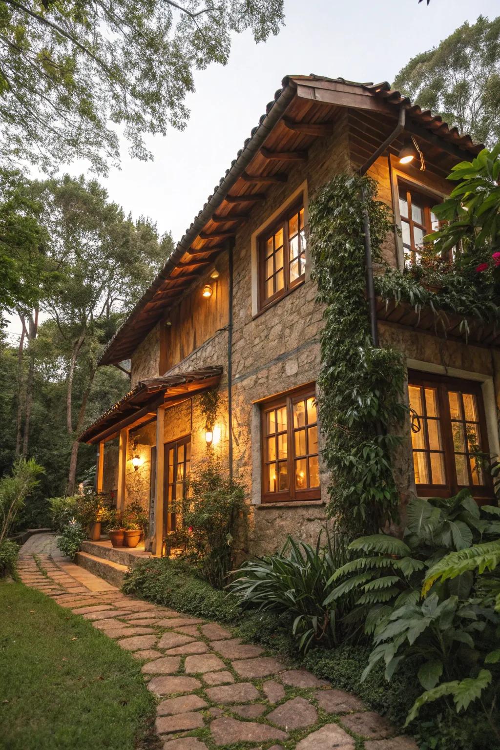 Rustic surrounds offer a cozy, cottage-like ambiance.
