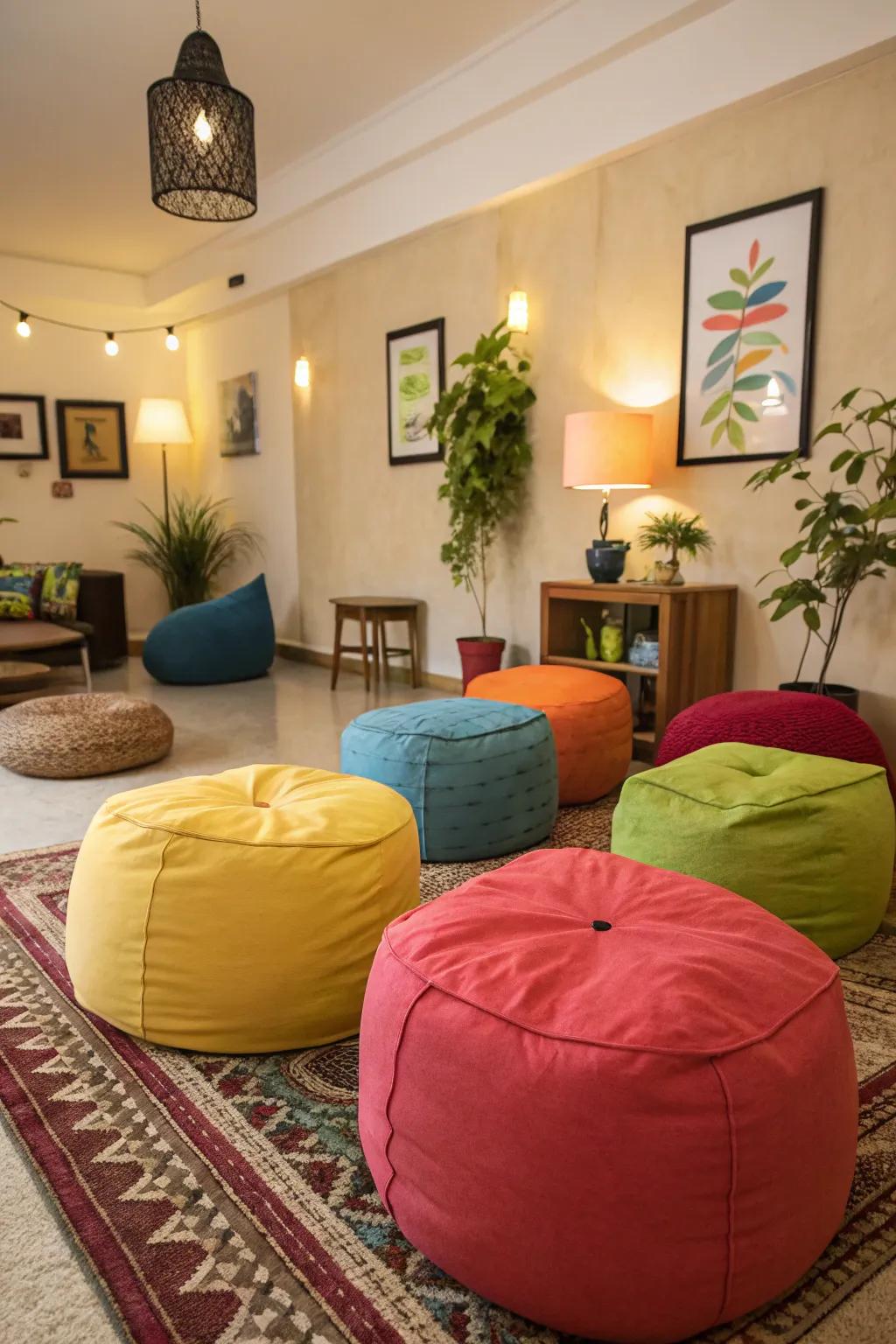 Floor cushions offer playful and functional seating.