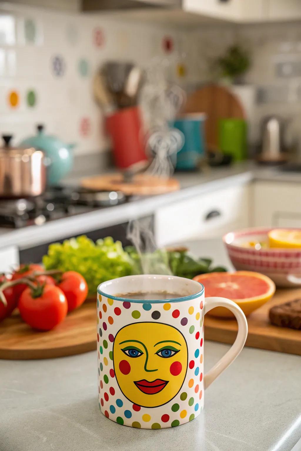 A vibrant face mug that infuses a burst of color into any kitchen setting.