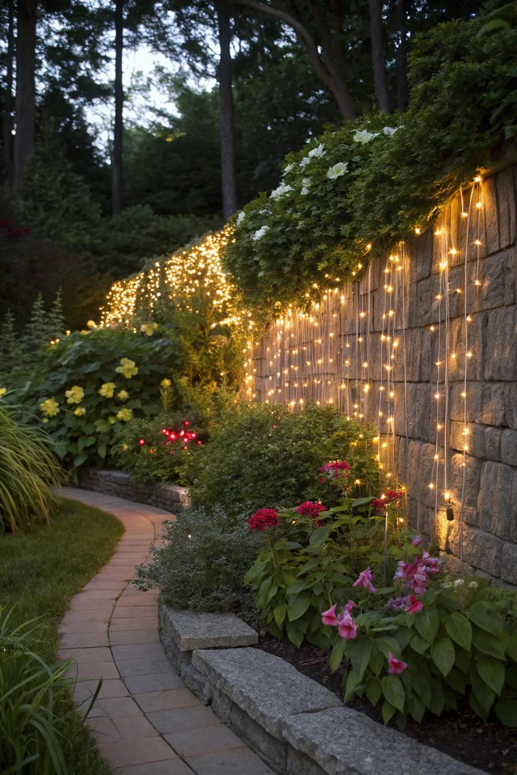 Twinkle lights transform garden boundaries into enchanting backdrops.