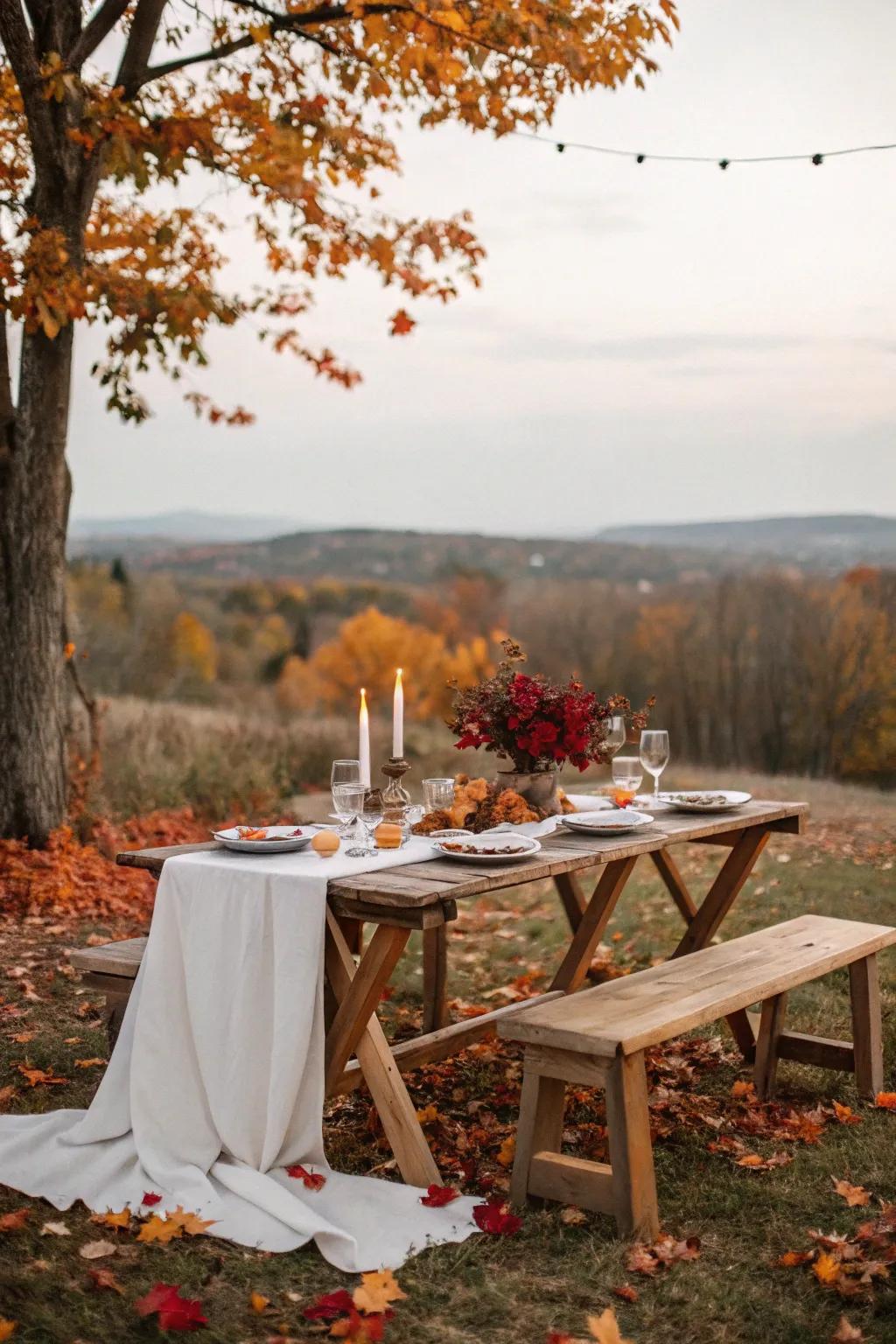 An outdoor setting embraces the beauty of fall's natural scenery.