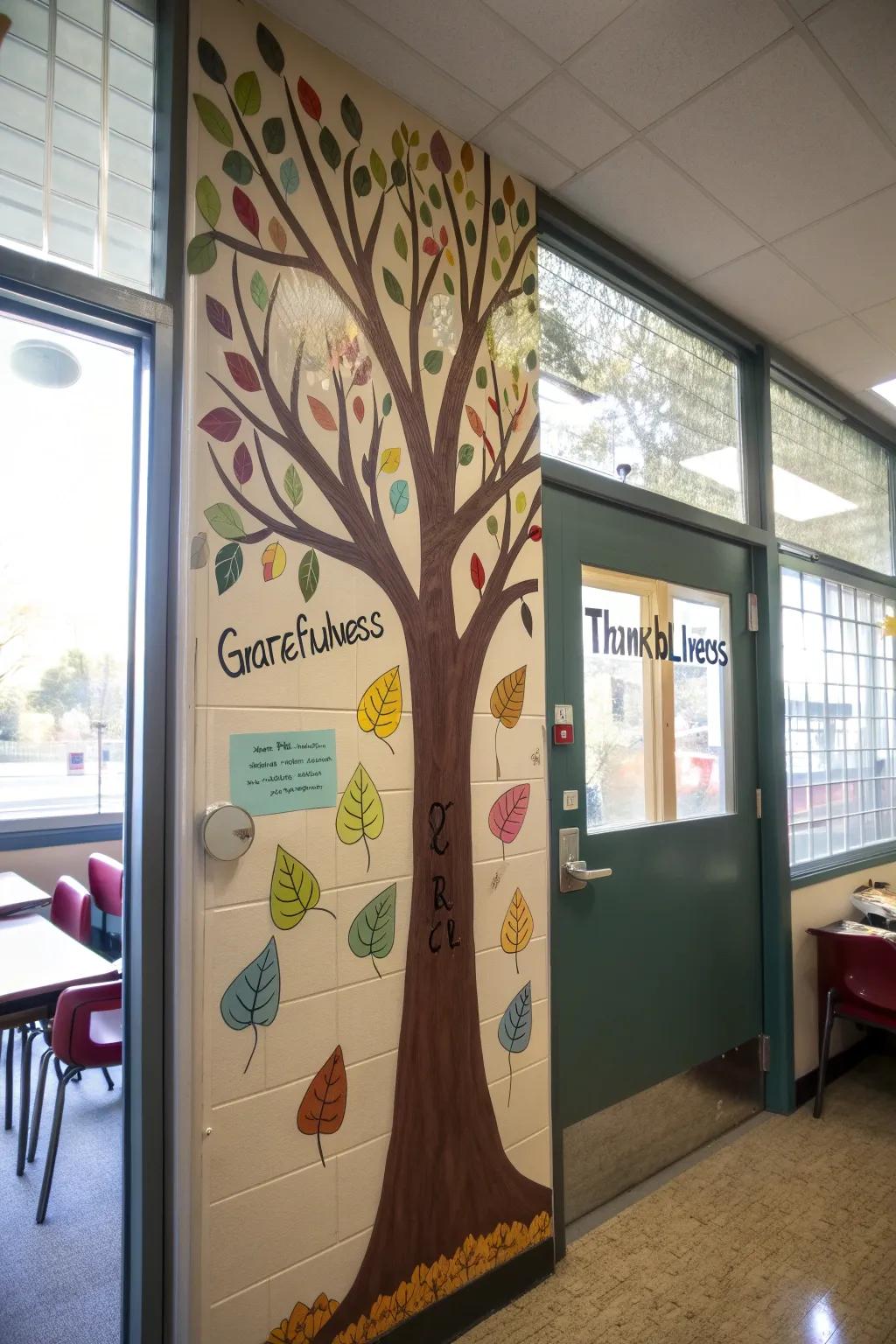 Gratitude tree entrance decor featuring gratitude leaves.