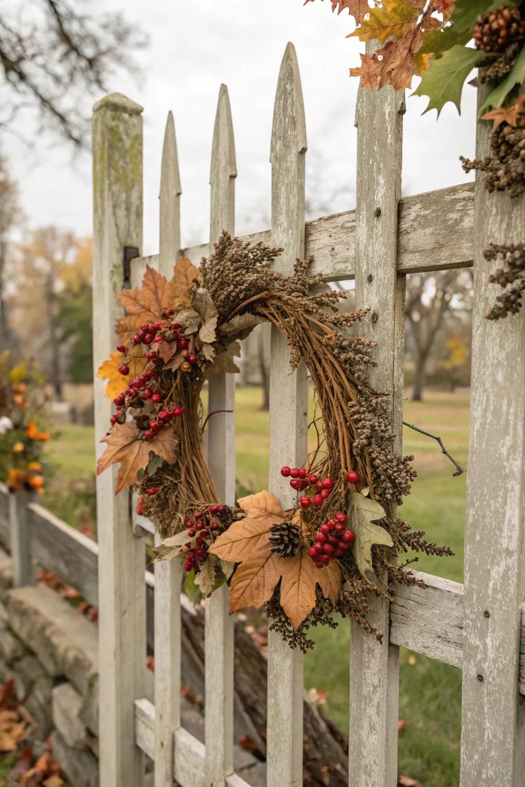 An autumnal wreath made of dried leaves and berries graces a fence.