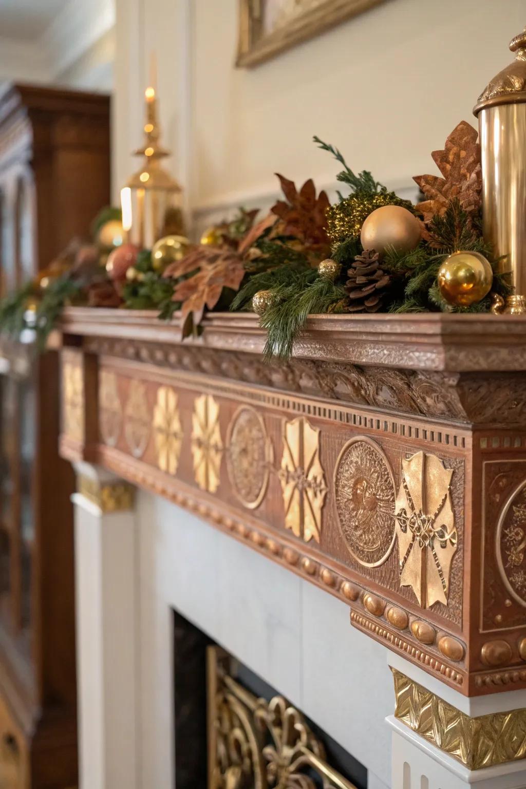 A fall mantel featuring elegant bronze and gilded accents.