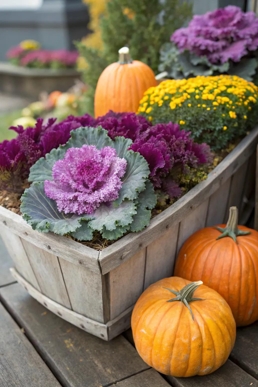 Assorted kale and gourds bring both color and texture to any vase.