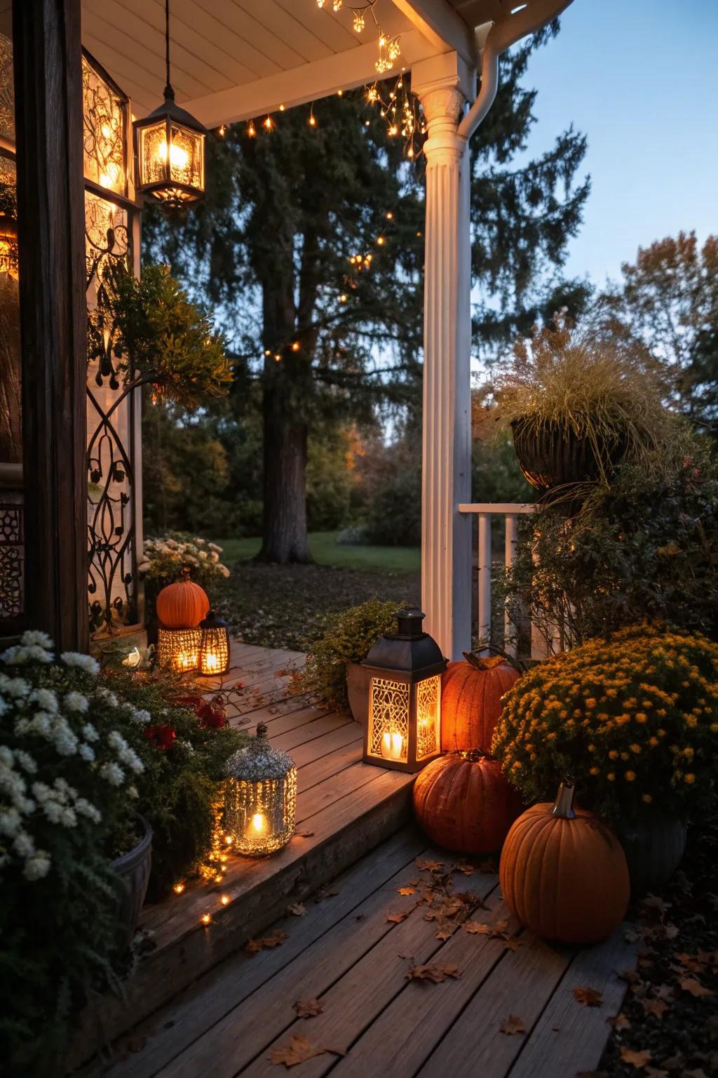 Beacons and illumination transmute the entryway into a bewitching nocturnal retreat.