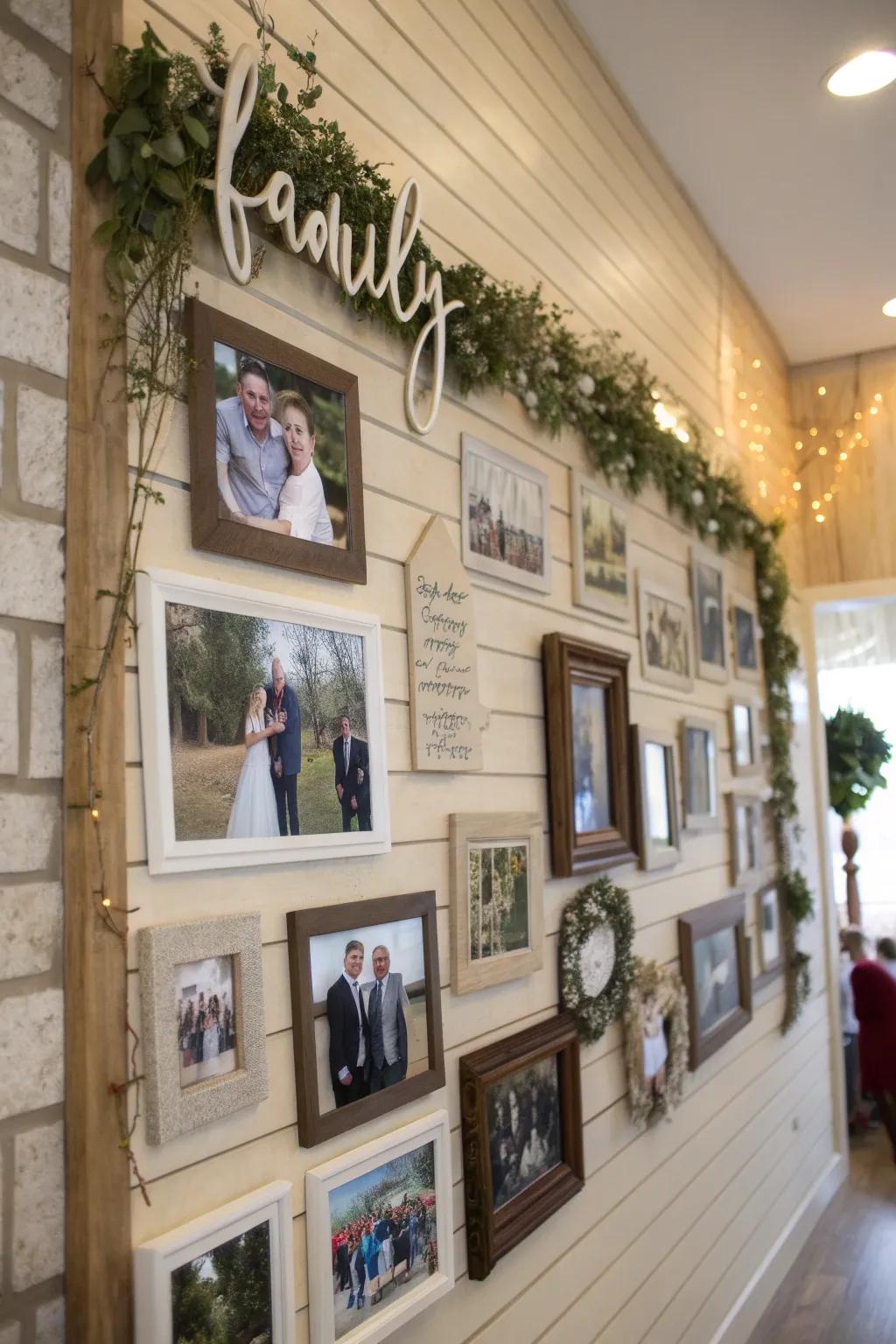 Photo wall incorporating words and lettering.