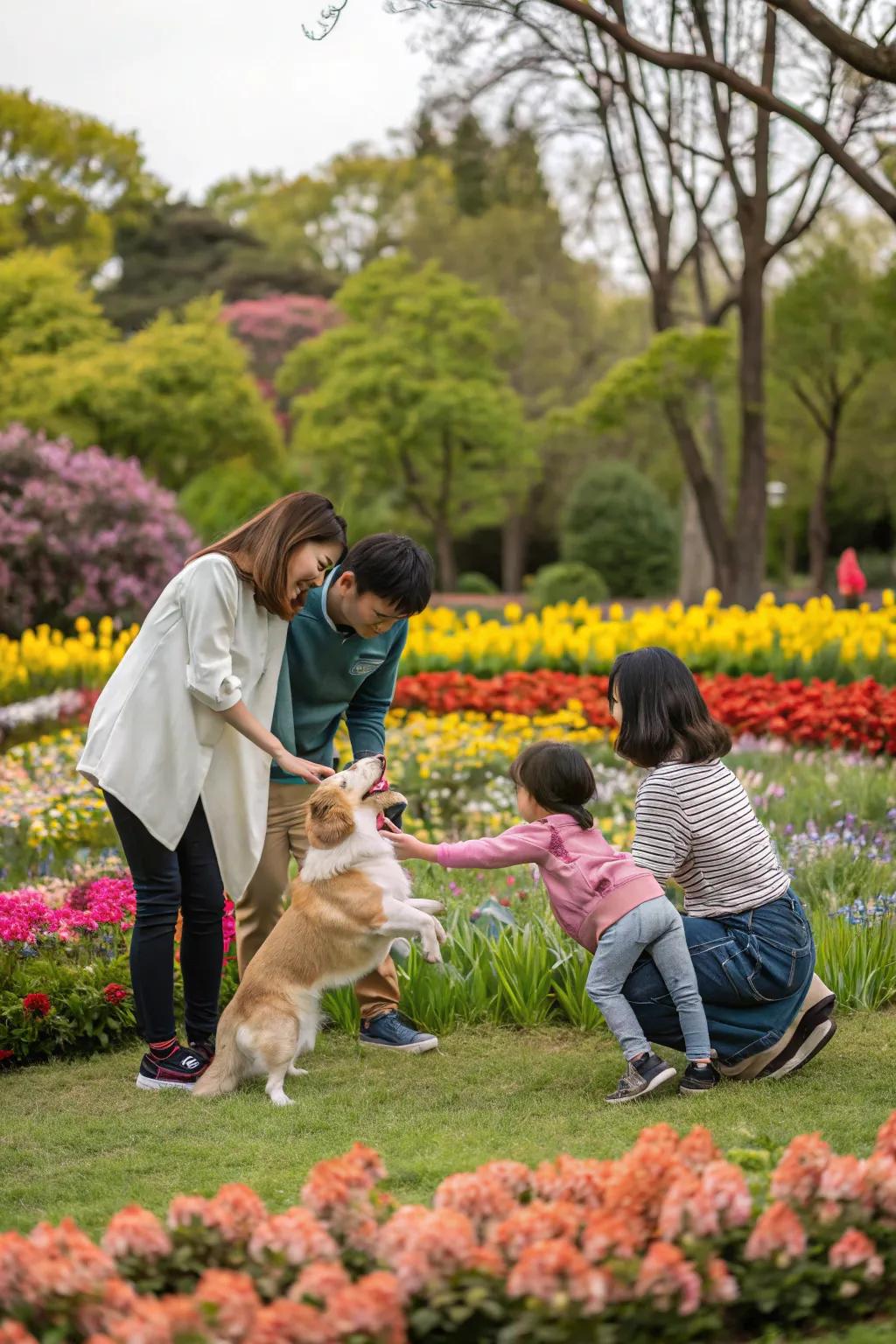 A lovely family portrait with their cherished pet that is filled with joy and warmth.
