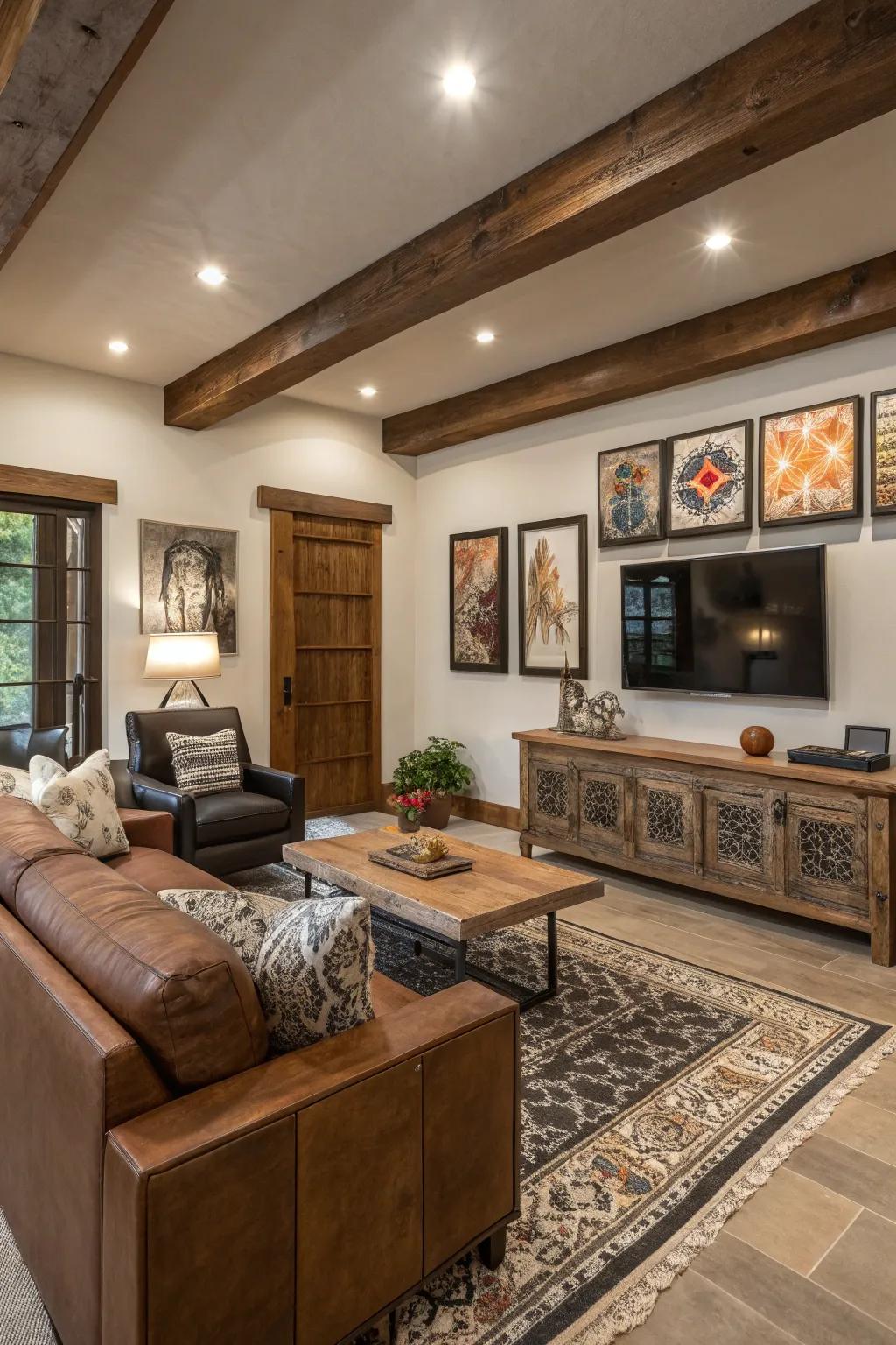 A family room tastefully merging modern and classic styles.