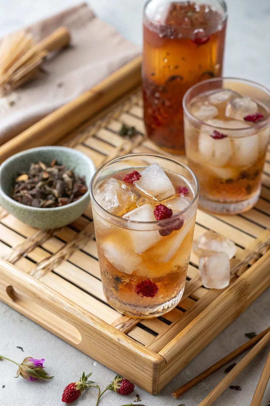 Tea-infused ice pieces for a flavored drink.