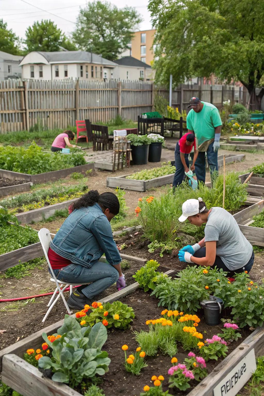 A growing shared garden where neighbors grow their own vegetables together.