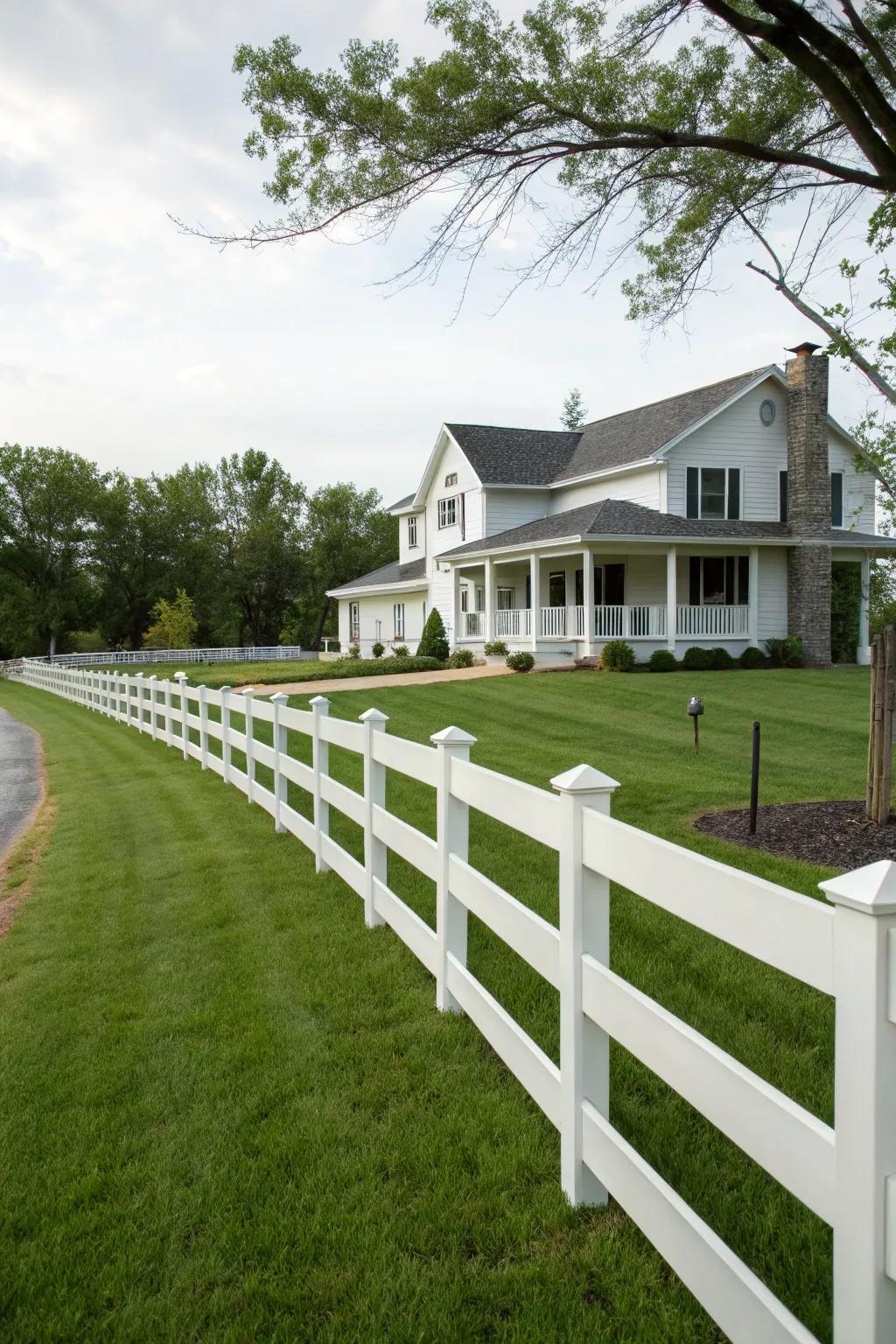 Plastic ranch rail fences offer both style and minimal upkeep.