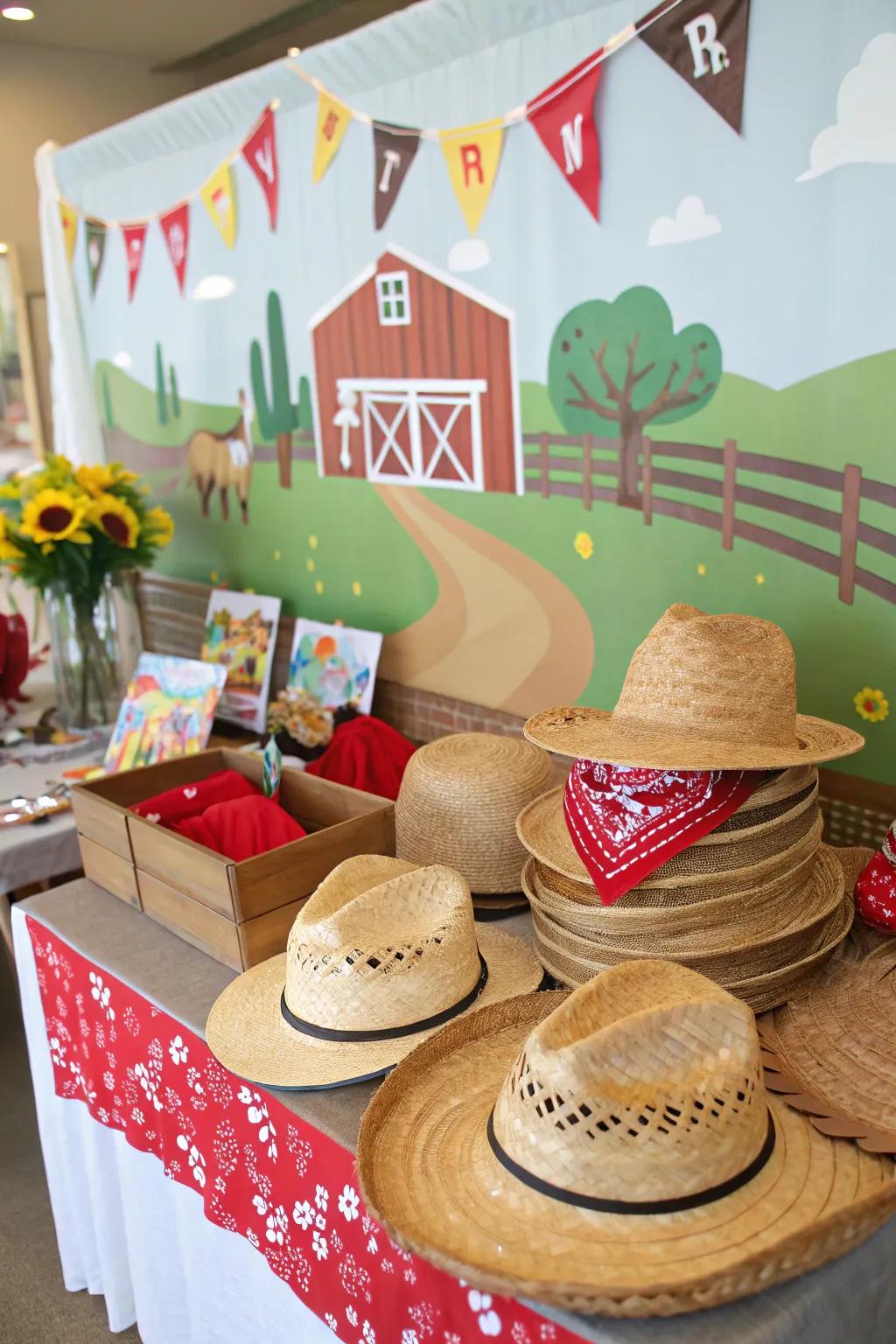 A farm-themed photo corner with fun props creates picture-perfect moments.