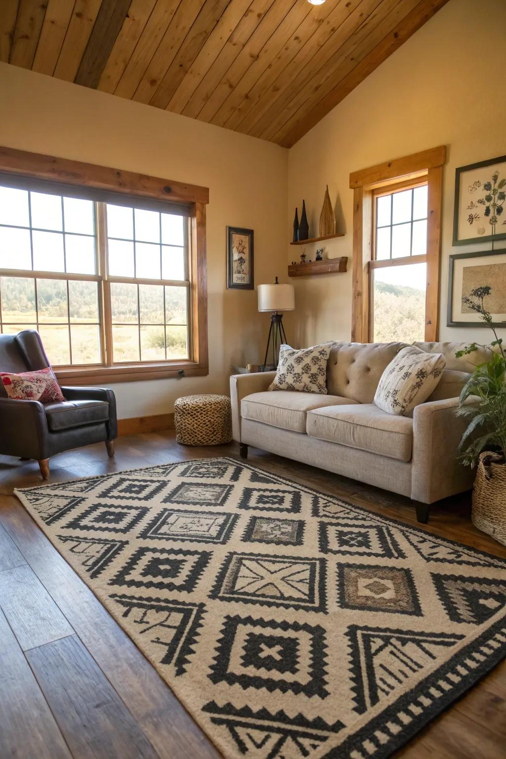 Geometric patterns add a modern flair to farmhouse décor.