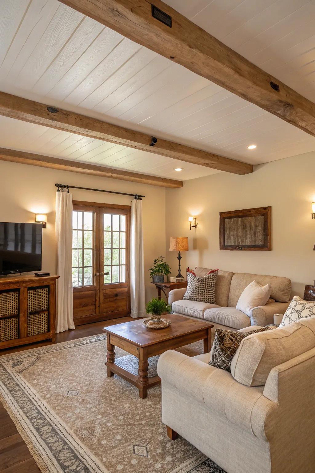 Understated shade palettes fashion a serene mood in this farmhouse sitting room.