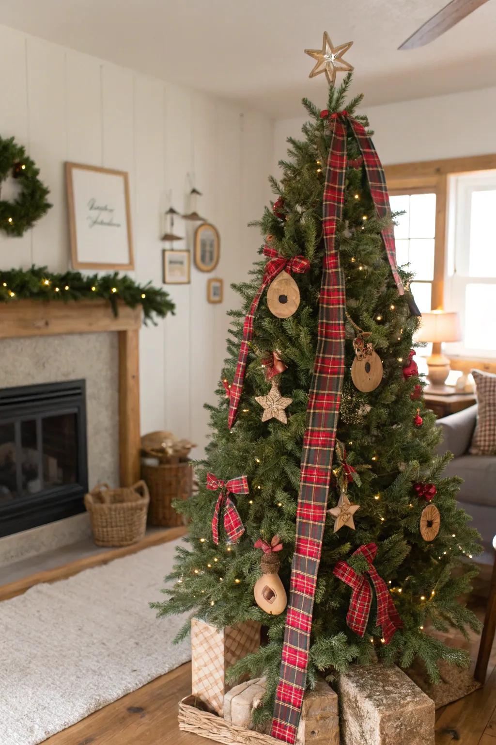 Check patterns contribute a timeless rustic accent to this farmhouse Christmas tree.