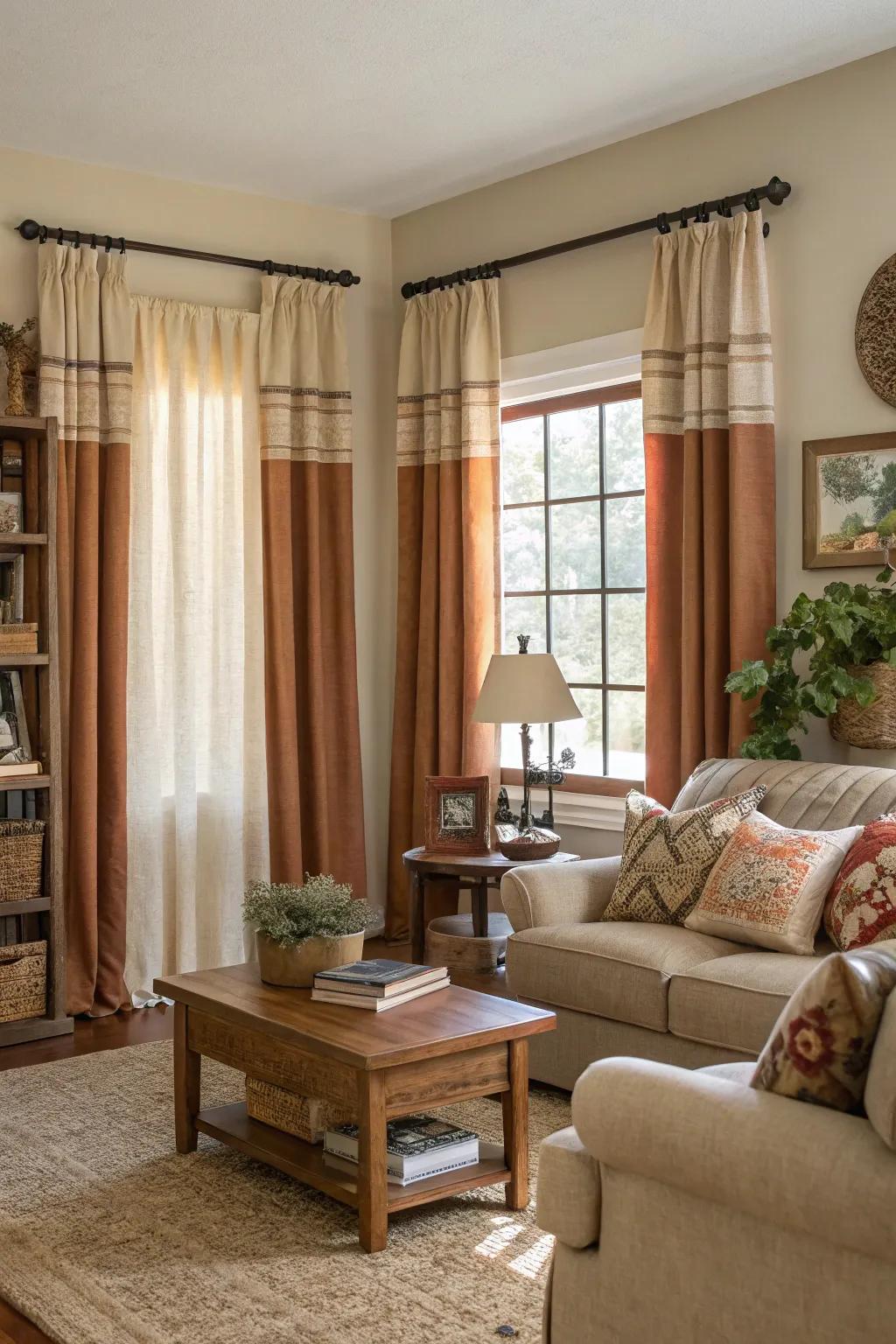 Farmhouse curtains that work well, adding privacy and style to a cozy living room.
