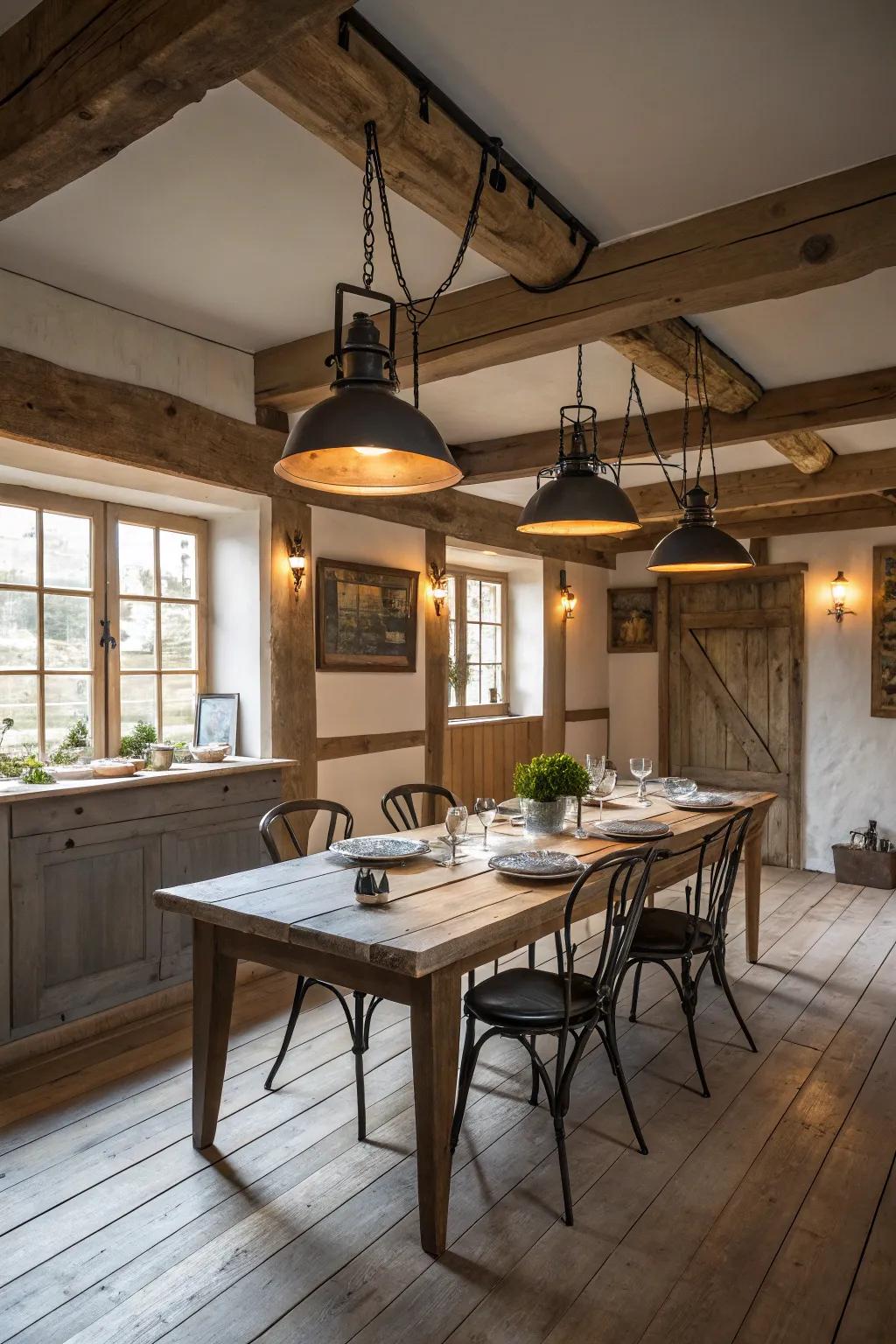 Country hanging lights illuminate and delineate this farmhouse dining space.