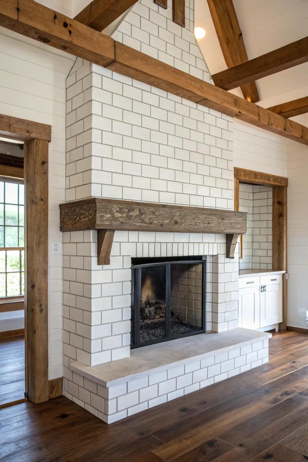 Traditional white brick-style tiles make this farmhouse fireplace.