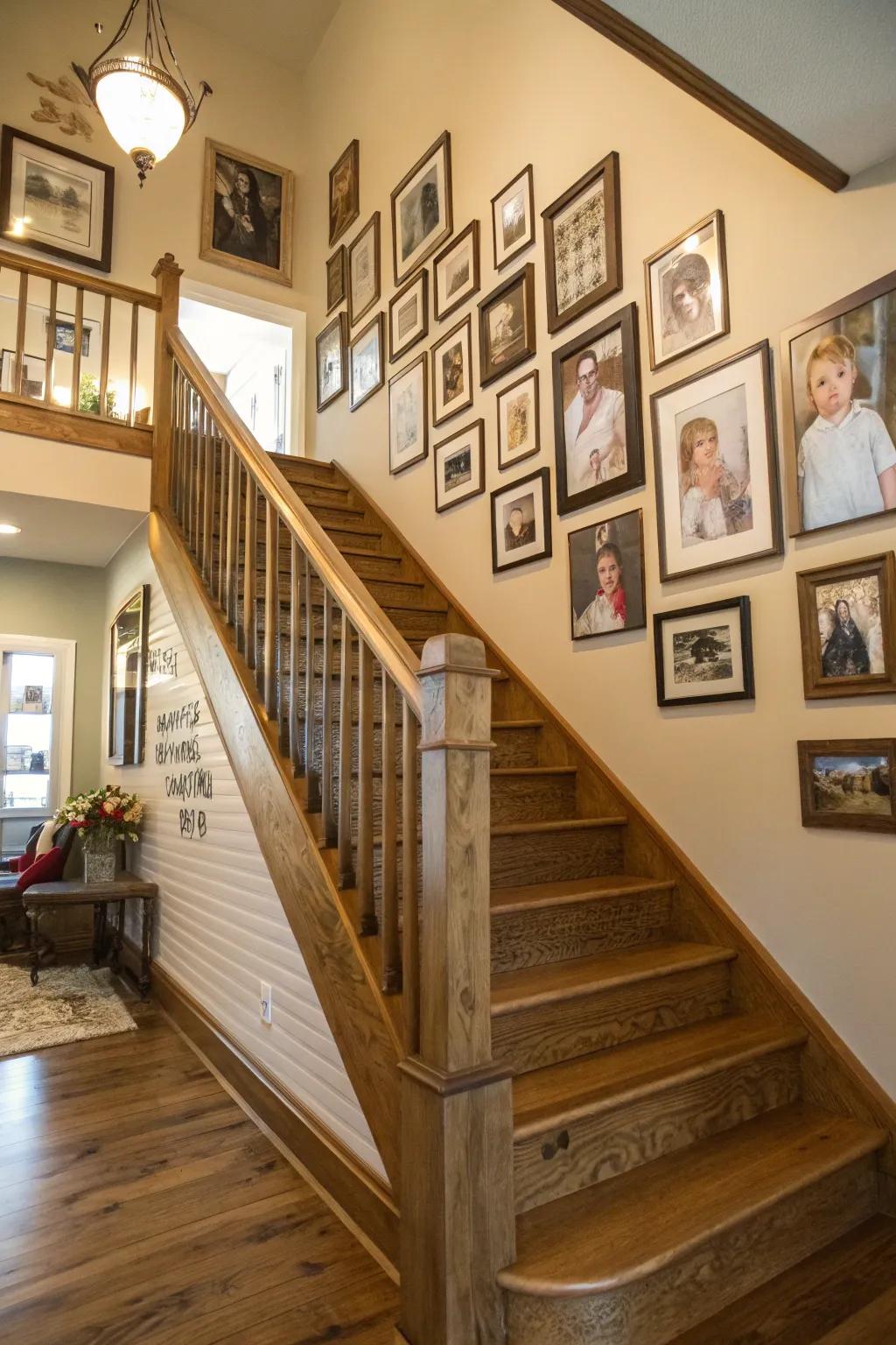 A gallery wall brings a personal touch to your farmhouse staircase.