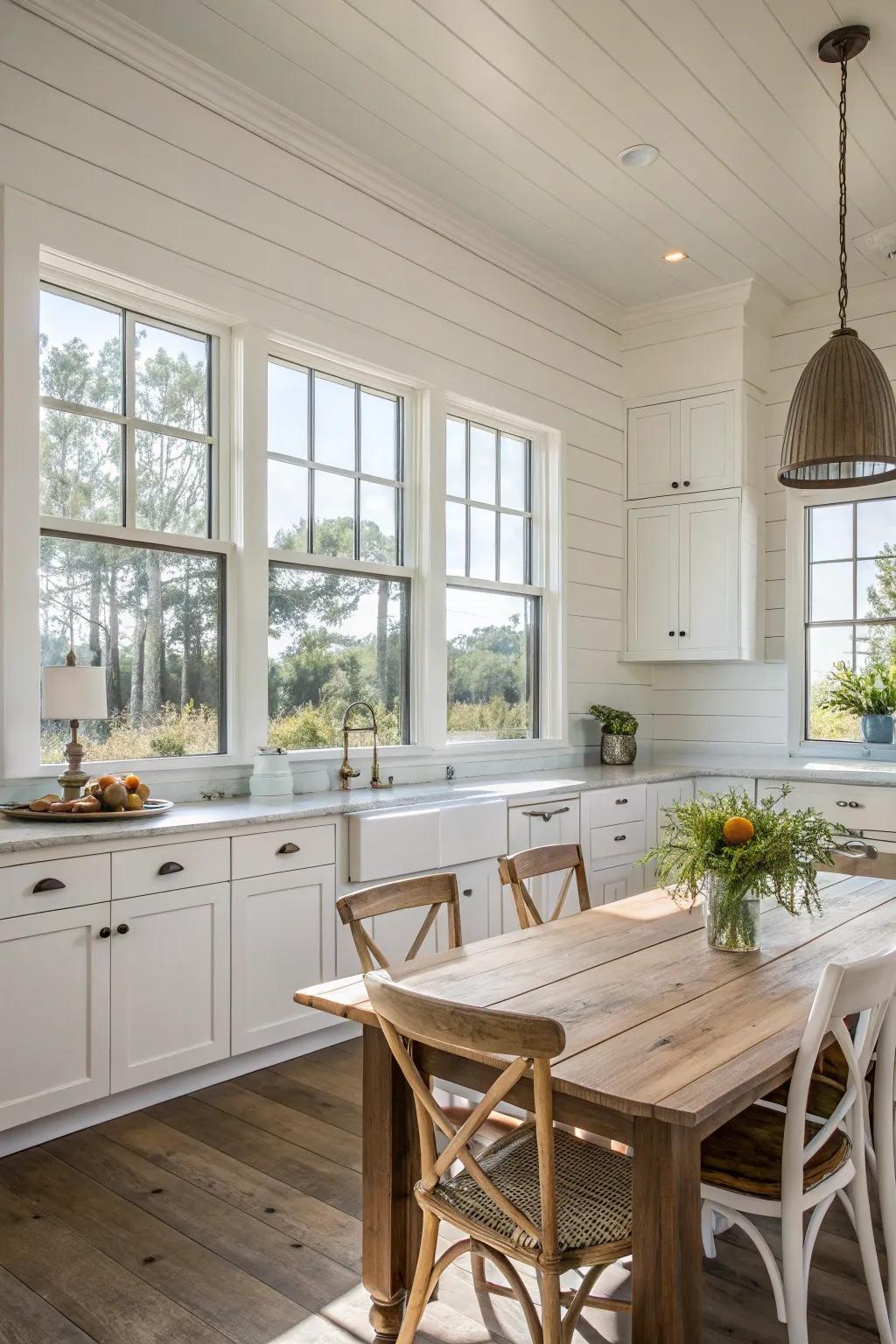 Lapboard brings a coastal vibe to this airy farmhouse kitchen with white cabinets.