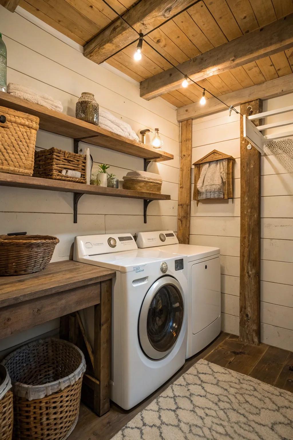 Walls with added texture, such as shiplap, bring a sense of warmth and personality to this laundry space.