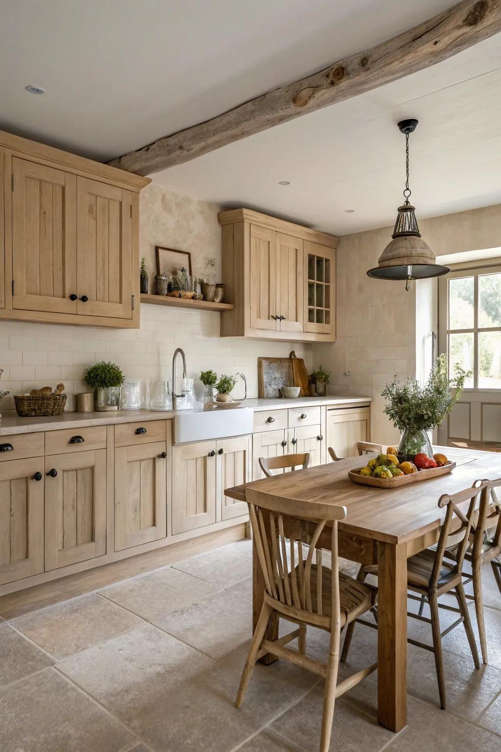 Neutral shades match the coziness of pale timber fittings in a country-style cooking area.