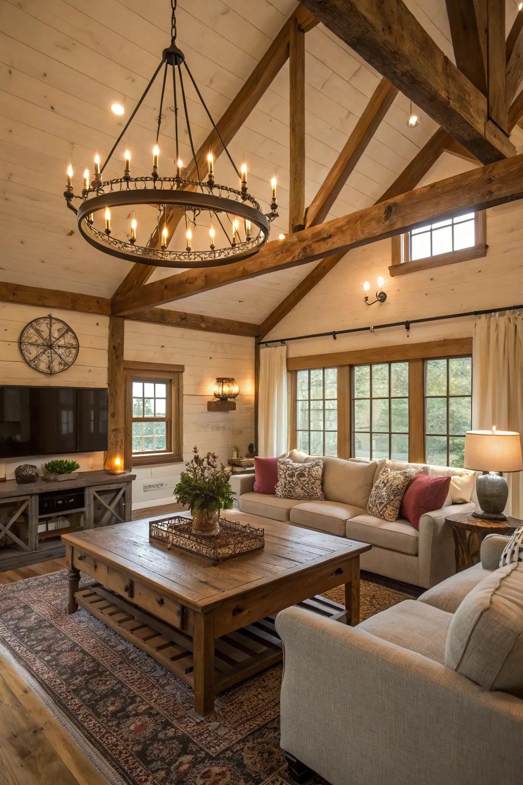 A farmhouse light fixture introduces elegance and cohesion to this family room.