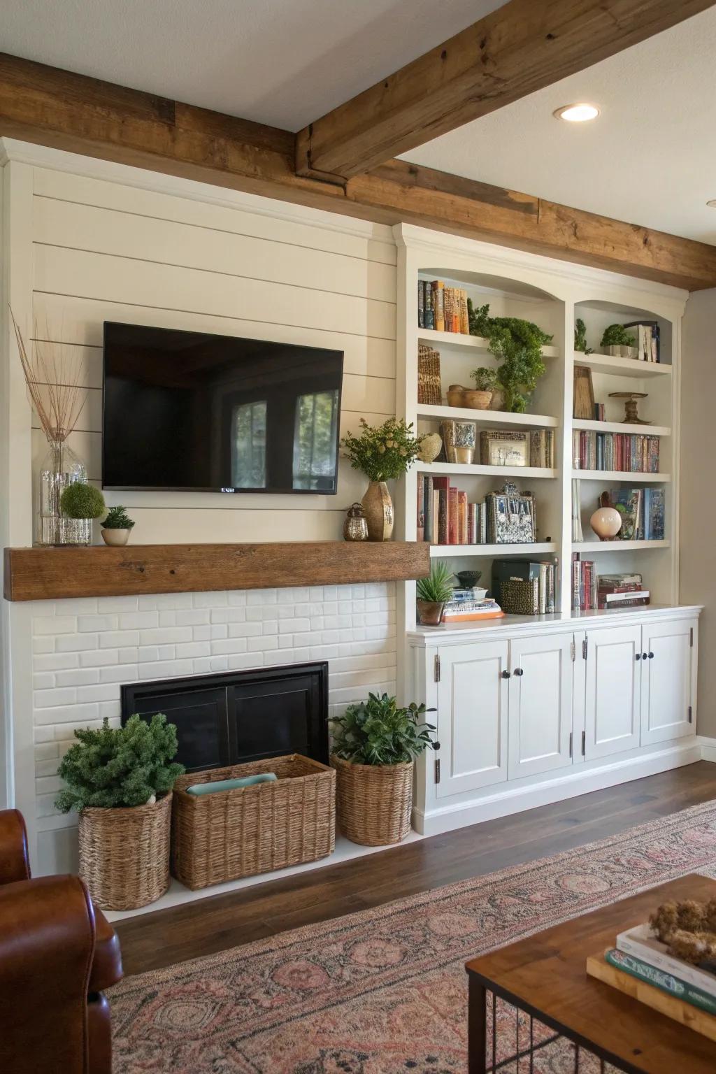 A farmhouse parlor with a TV above the mantel, enhanced by integrated wall units.