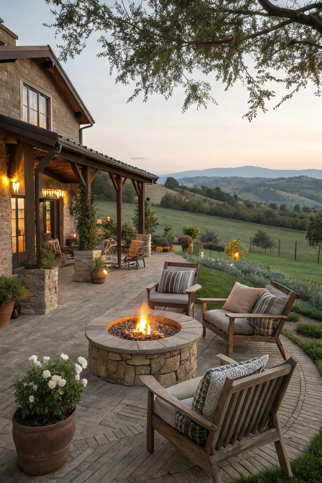 A fire pit offers warmth and a gathering spot for a farmhouse patio.