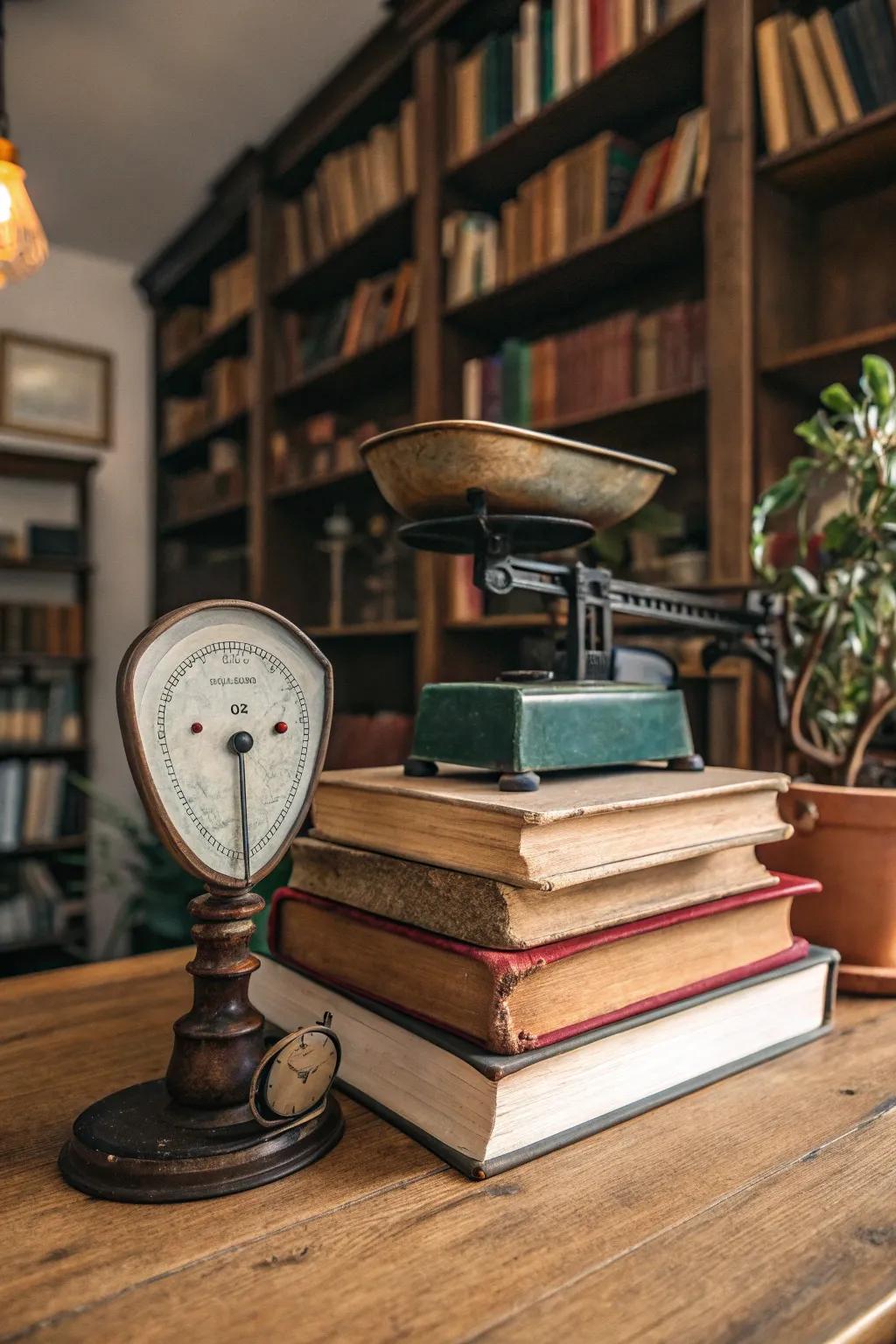 Elevating a retro scale with attractive old books.