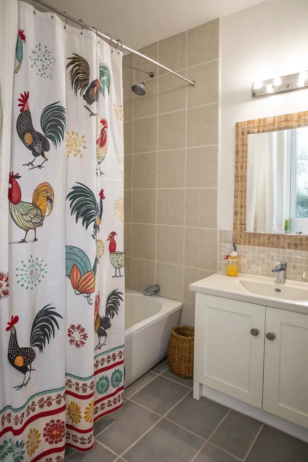 A bathroom with a shower curtain displaying charming creature designs like roosters.