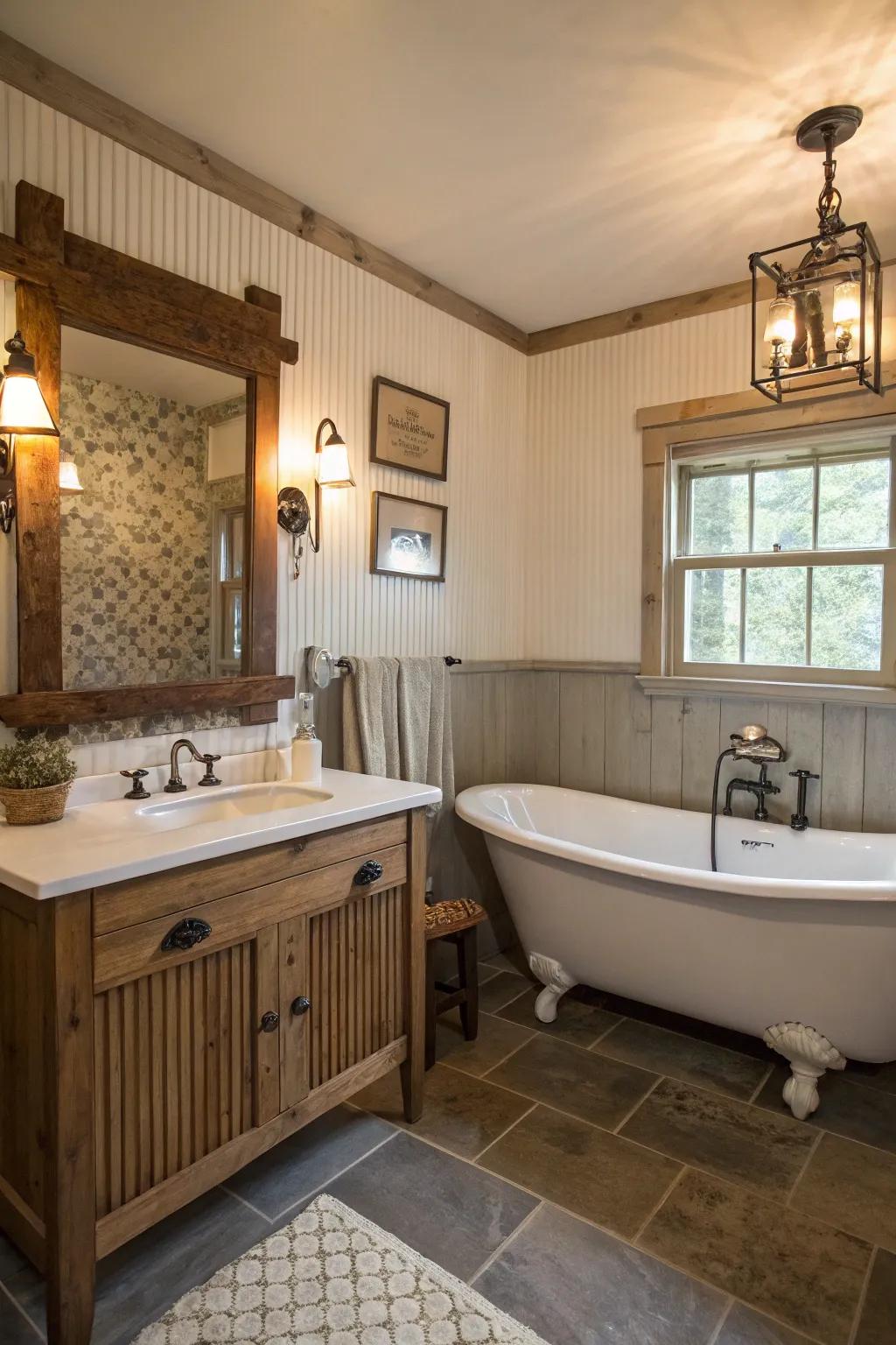 Textured beadboard walls bring character to this small farmhouse bathroom.