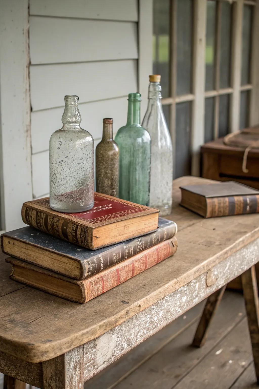 Aged novels and vessels add a nostalgic touch to your farmhouse table.